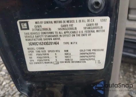 2003 Chevrolet Suburban 1500 Ls из США, поврежденный, VIN 3GNEC16Z43G201464